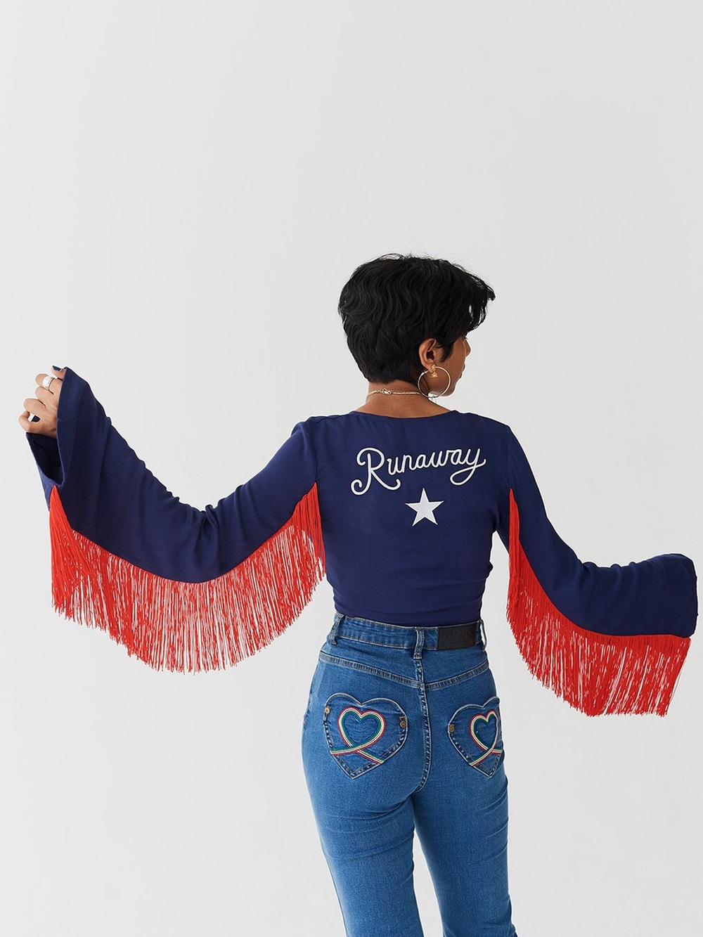 Lazy Oaf Runaway Star Tie Front Fringe Crop Top Blue Red Size 6